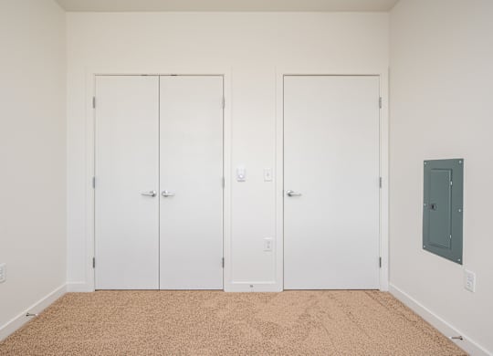 A room with two white doors and a carpeted floor.