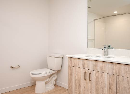 A white toilet sits next to a bathroom sink.