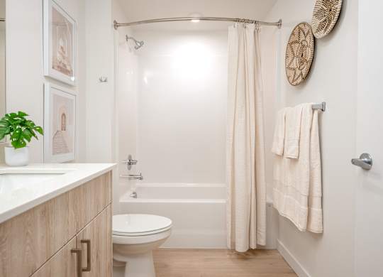 A white bathroom with a toilet, sink, and shower.