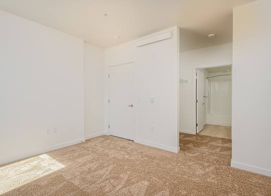 A room with a carpeted floor and a white door.
