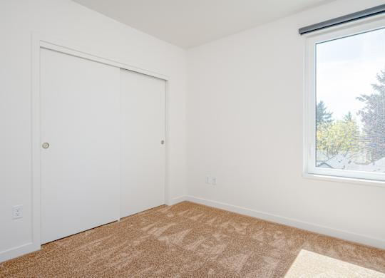 A room with a white door and a carpet on the floor.