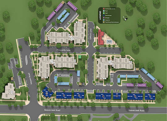 A map of a residential area with streets and buildings.