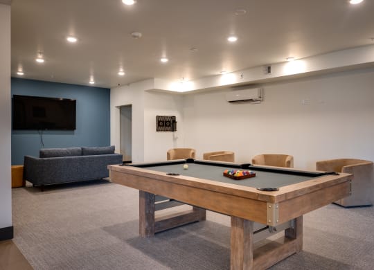 a games room with a pool table and a tv