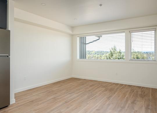 A room with wooden flooring and a window with blinds.
