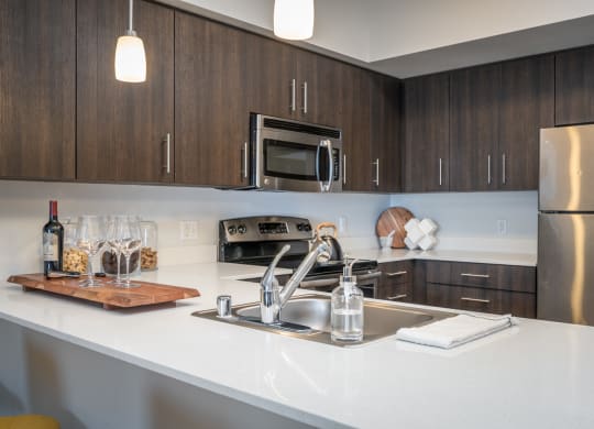 Dog-Friendly Apartments in Everett WA - The Waterline - Kitchen with Stainless Steel Appliances, Quartz Countertops, Dark Wood-Style Cabinetry, Pendant Lighting, Breakfast Bar, and Vinyl Hardwood Floo
