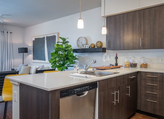 Dog-Friendly Apartments in Everett WA - The Waterline - Kitchen with Stainless Steel Appliances, Quartz Countertops, Dark Wood-Style Cabinetry, Pendant Lighting, Breakfast Bar, and Vinyl Hardwood Floo