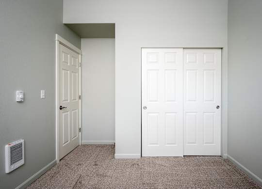A room with two white doors and a carpeted floor.