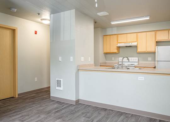 A kitchen with a sink, stove, and refrigerator.