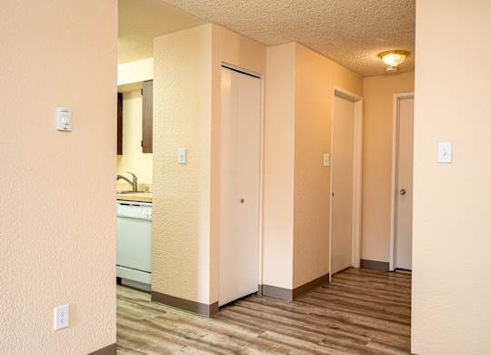 A hallway with a kitchen visible through the doorway.