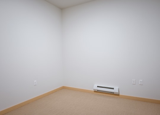 bedroom with a heater and carpet