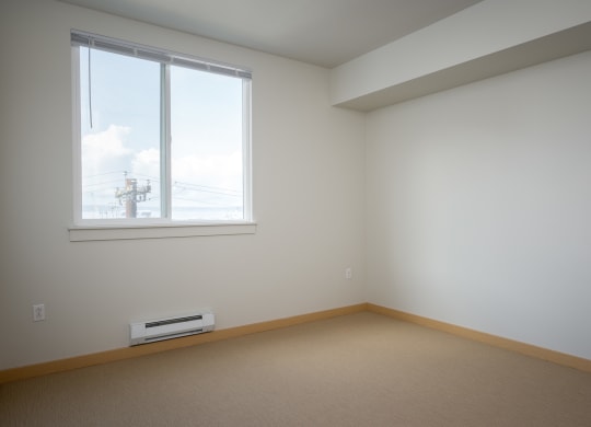 bedroom with a large window and carpet
