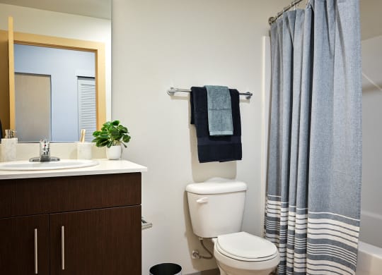 studio bathroom with a toilet and a shower and a sink