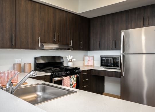 a kitchen with stainless steel appliances and a sink