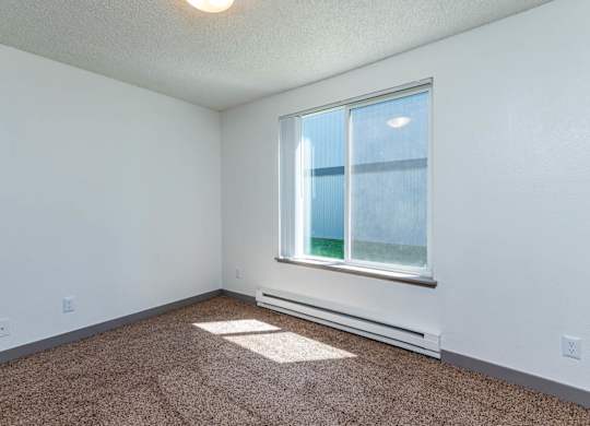 A room with a window and carpeted floor.