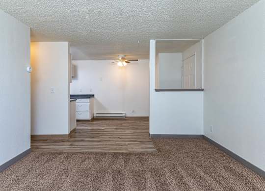A room with a carpeted floor and a small kitchenette.