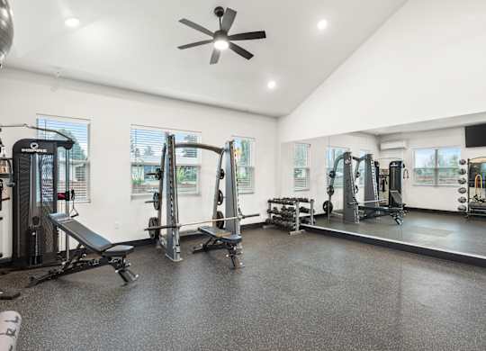 A spacious gym with a variety of equipment including treadmills, weights, and a bench press.
