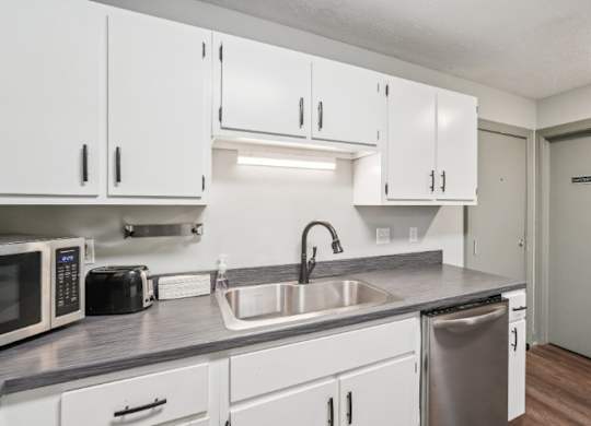 A kitchen with white cabinets and a stainless steel dishwasher.
