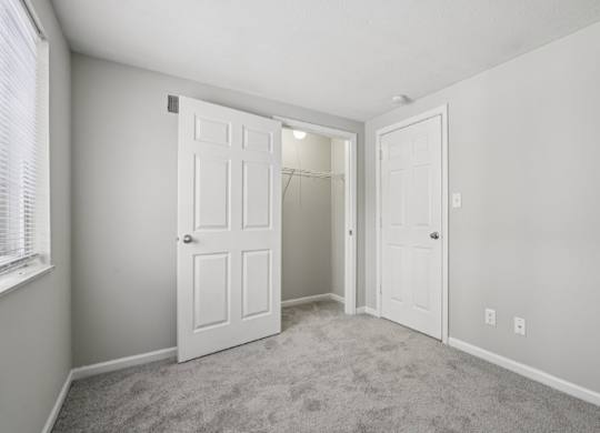 A room with two white doors and a carpeted floor.