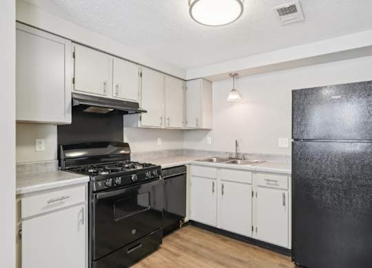 A black refrigerator sits next to a sink in a kitchen.