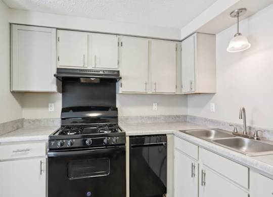 A black stove top oven sits in a kitchen with white cabinets.