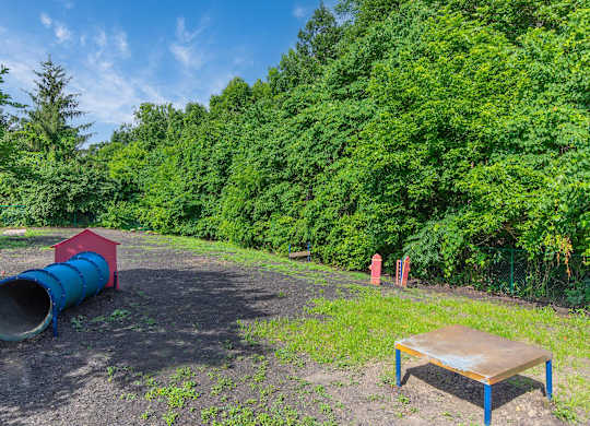 A blue barrel sits on a dirt ground next to a red barrel and a wooden platform.