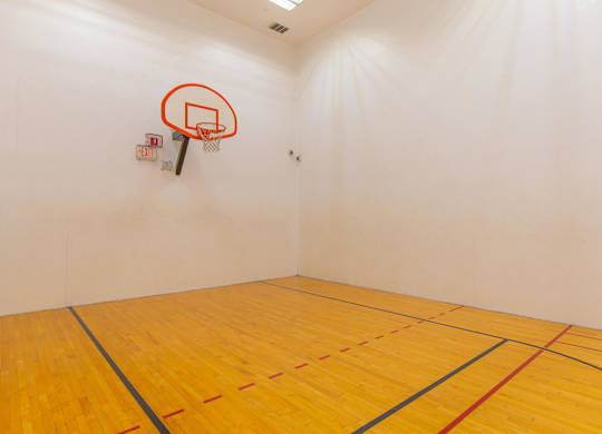 A basketball hoop is mounted on a wall in a room with a wooden floor.