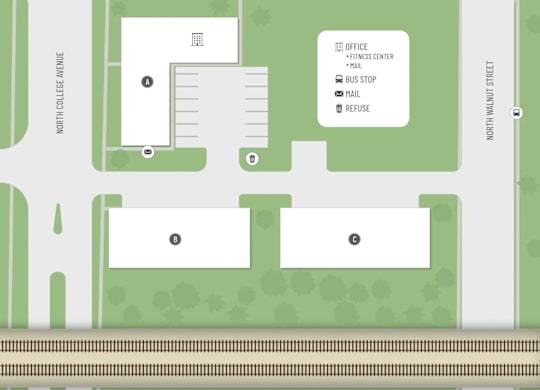 A map of a campus with buildings and streets labeled.