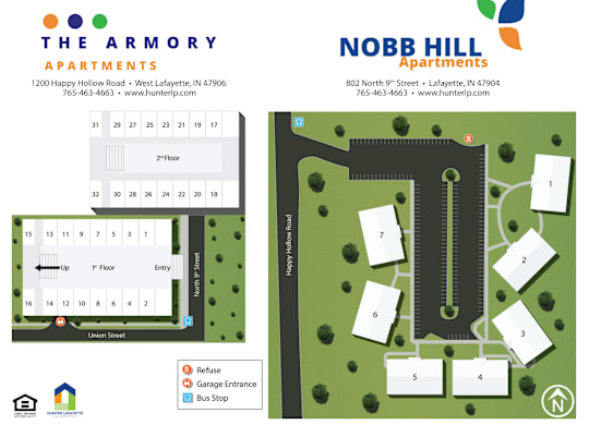 A map of The Armory Apartments and Nobb Hill Apartments with various details.