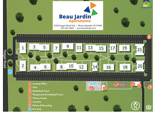 A map of the Beau Jardin Apartments showing the layout of the apartments and amenities.