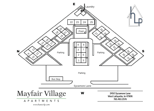A floor plan for Mayfair Village Apartments shows the layout of the rooms and parking.