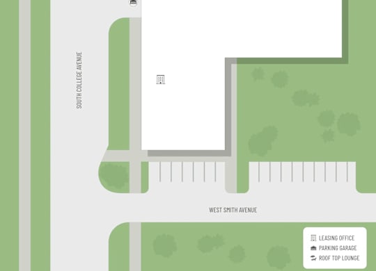 A map shows the location of the leasing office, parking garage, and roof top lounge at South College Avenue and West Smith Avenue.