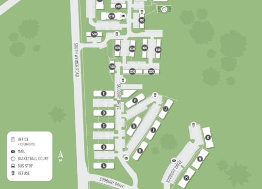 A map of a school with a basketball court, office, mail, basketball court, bus stop, and refuse.