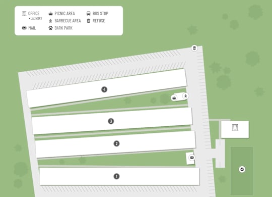 A map shows a picnic area with a barbecue and a bus stop.