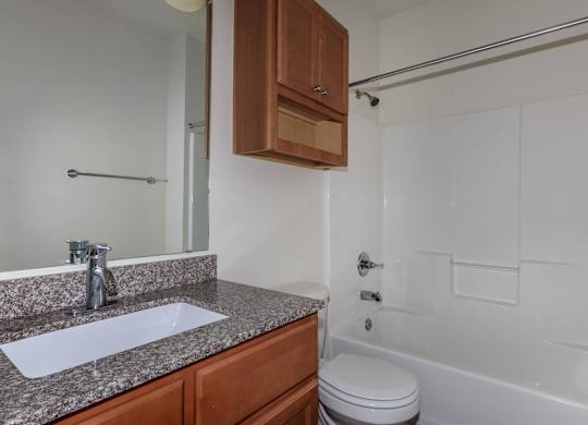 A bathroom with a sink, toilet, and bathtub.