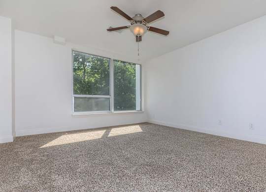 A room with a ceiling fan and carpeted floor.