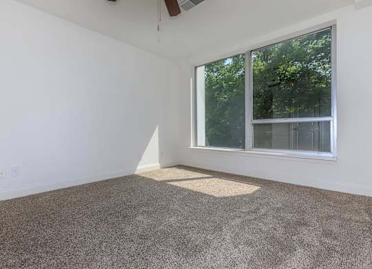 A room with a carpeted floor and a window.