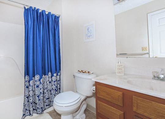 A white toilet with a blue shower curtain in a bathroom.