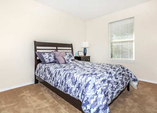 A bedroom with a bed, nightstand, and window.