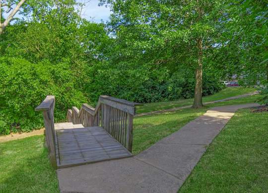 A wooden bridge over a concrete walkway surrounded by greenery.