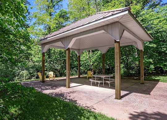 A pavilion with a table and chairs is surrounded by trees.