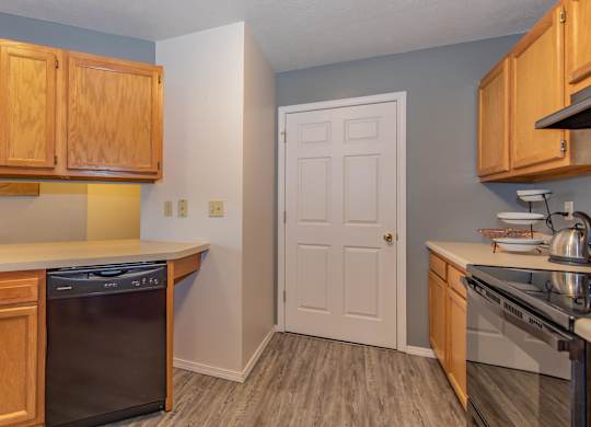 A kitchen with wooden cabinets and a white door.