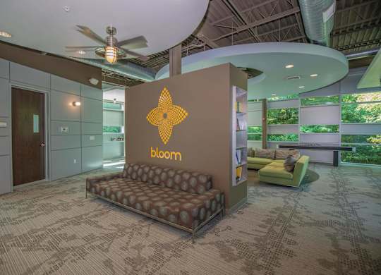 A room with a carpeted floor and a chair with the word bloom on it.
