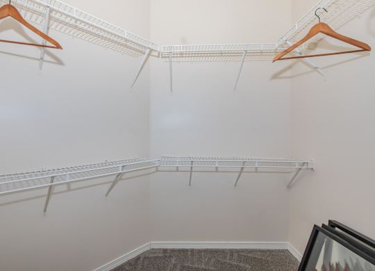 A room with a white wall and a carpeted floor with a rack of clothes hangers.
