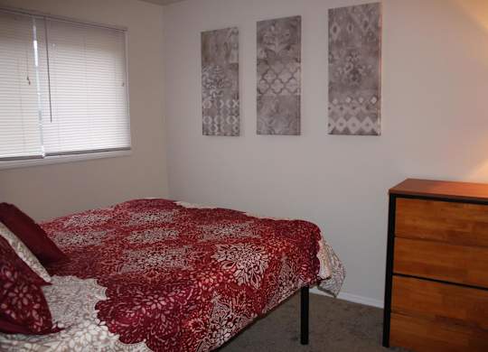 A bed with a red and white comforter is in a room with two patterned wall hangings.
