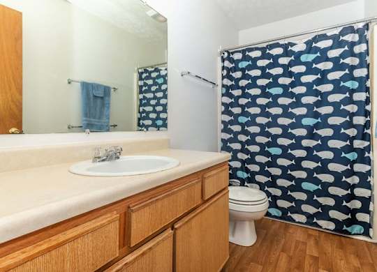 A bathroom with a wooden vanity and a shower curtain with a blue and white pattern.