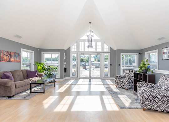 A sunny day in a spacious living room with a couch, chairs, and a coffee table.