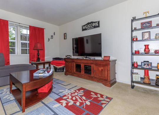 A living room with a grey couch, a wooden coffee table, a red rug, a wooden cabinet, and a TV.