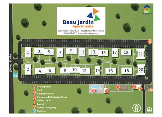 A map of the Beau Jardin Apartments with numbered apartments and icons indicating the location of various amenities.