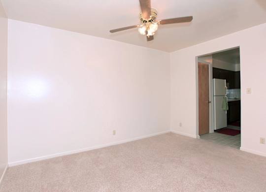 A room with a ceiling fan and carpeted floor.