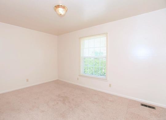 A room with a carpeted floor and a window letting in natural light.